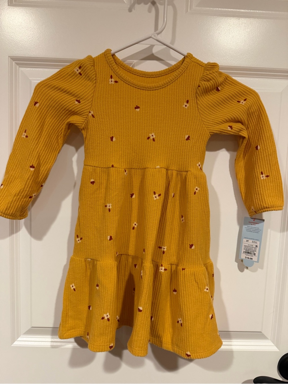 Cat & Jack Girls 3T Yellow Floral Tiered Knit Dress Long Puff Sleeve Knee